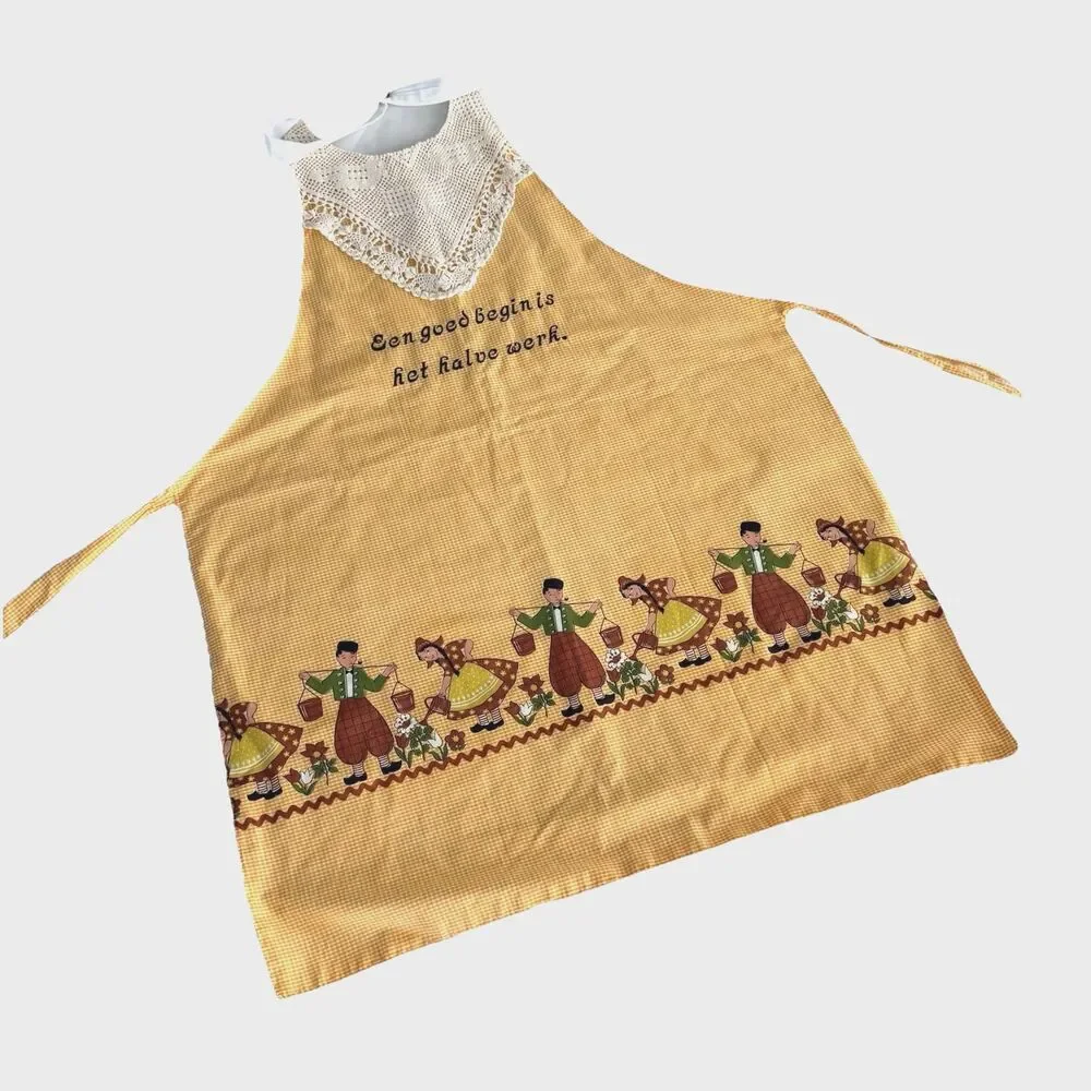 Vtg 1950s 1960s Full Apron Dutch Boys Girls Yellow Gingham Cotton Lined 1/2 Work